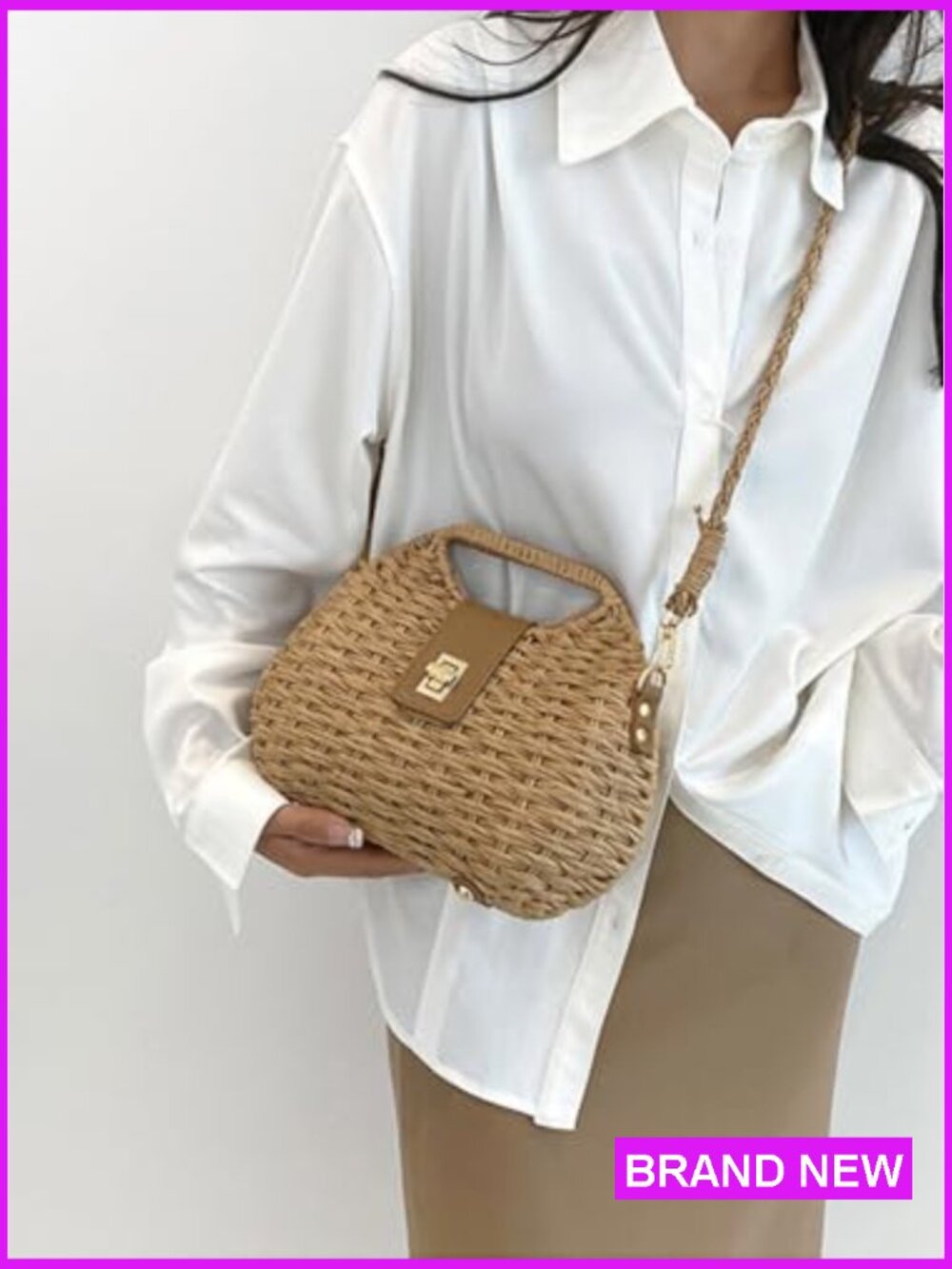 Handmade Straw Woven Beach Clutch Crossbody Shoulder Bag Summer Vacation Shell - Picture 2 of 7